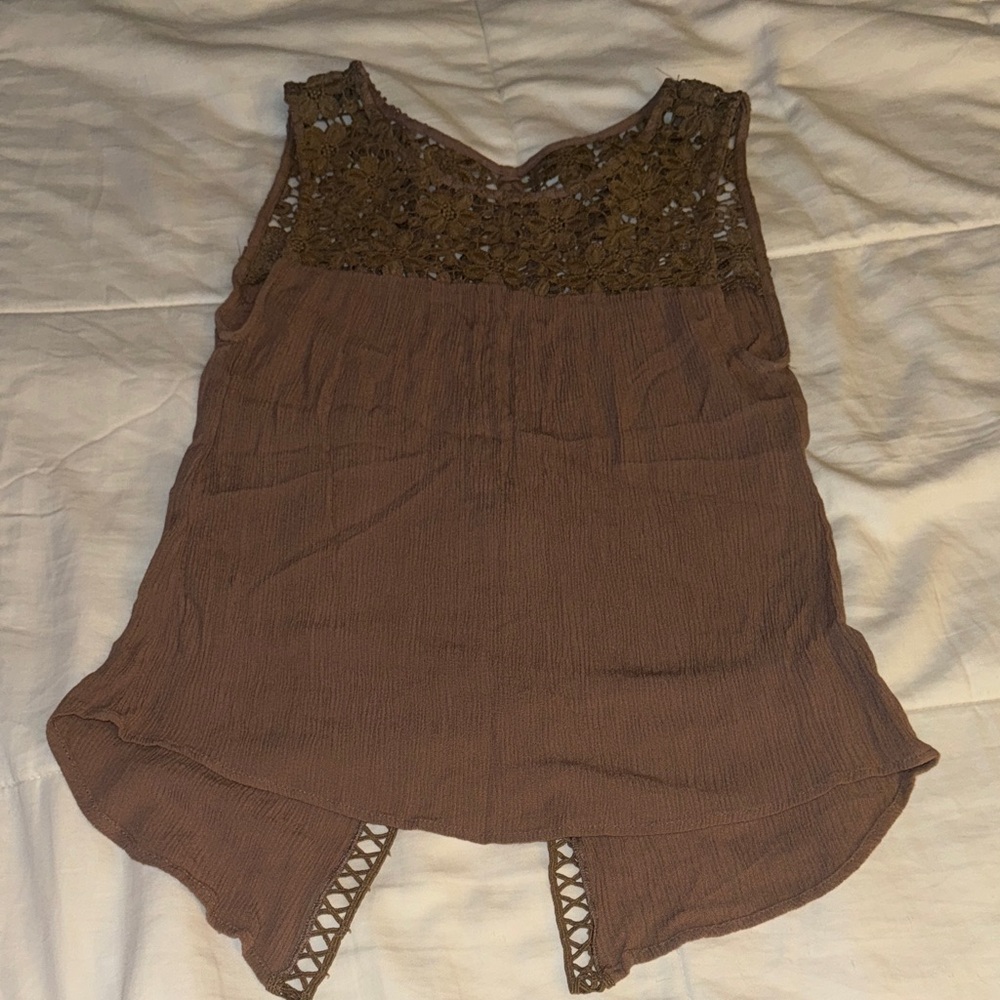 DayTrip BOHO Brown Blouse with Lace -adjustable Laces up the back XS